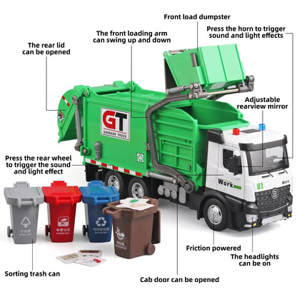 Garbage Truck Toys for Boys,Garbage Truck Toys Metal Diecast, Friction Powered Toy Garbage Truck with Light and Sounds,Garbage T