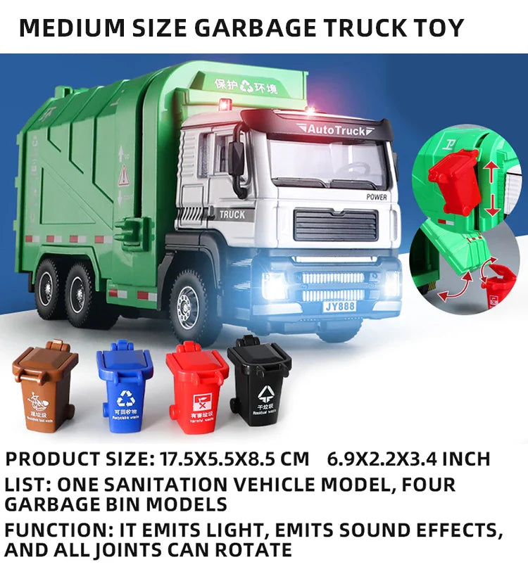 Garbage Truck Toys for Boys,Garbage Truck Toys Metal Diecast, Friction Powered Toy Garbage Truck with Light and Sounds,Garbage T