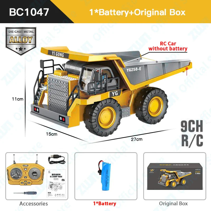 ZWN 2.4G Remote Control Excavator Dump Truck RC Model Car Toy Professional Alloy Plastic Simulation Construction Vehicle for Kid