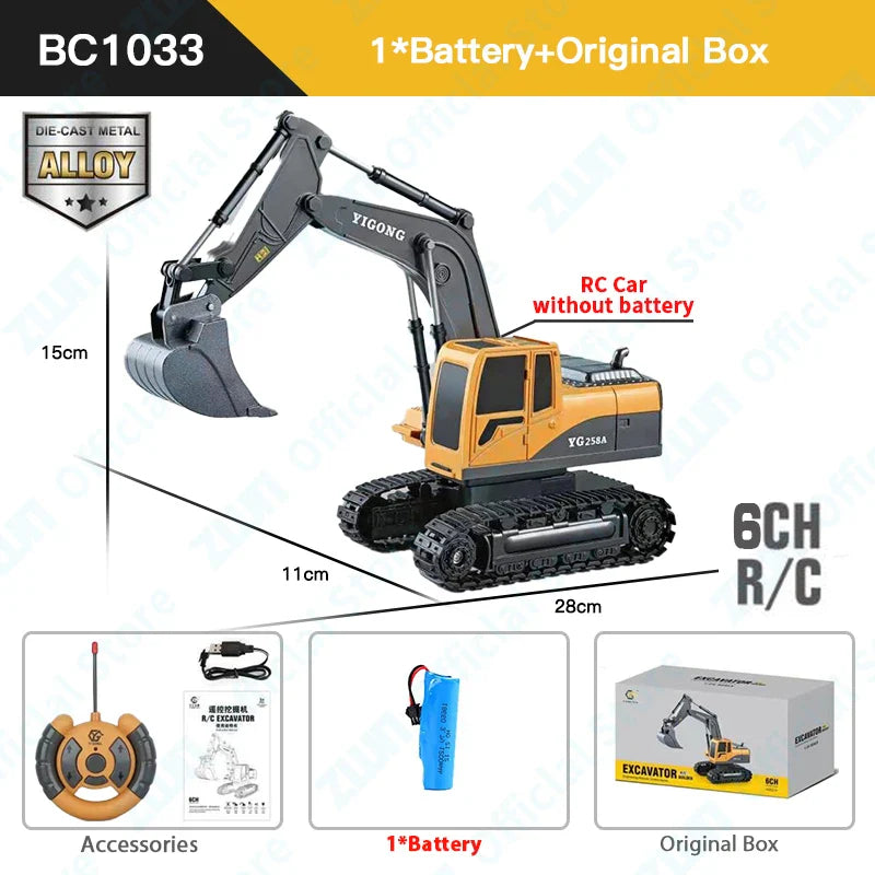 ZWN 2.4G Remote Control Excavator Dump Truck RC Model Car Toy Professional Alloy Plastic Simulation Construction Vehicle for Kid